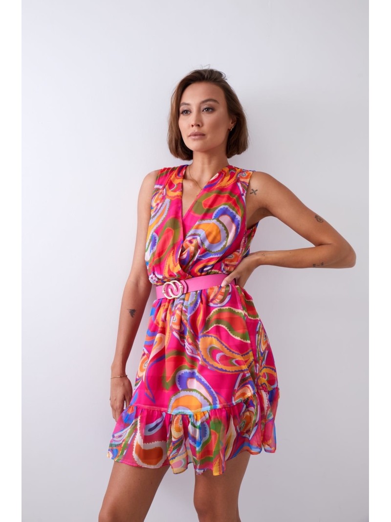 Light patterned dress with a belt, pink and dark blue 03040 - Online store - Boutique